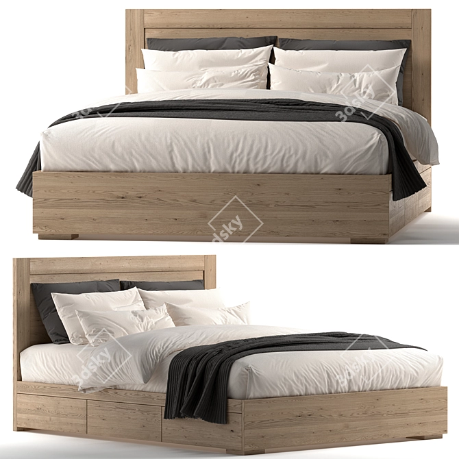 Contemporary Double Wooden Bed 3D model image 1