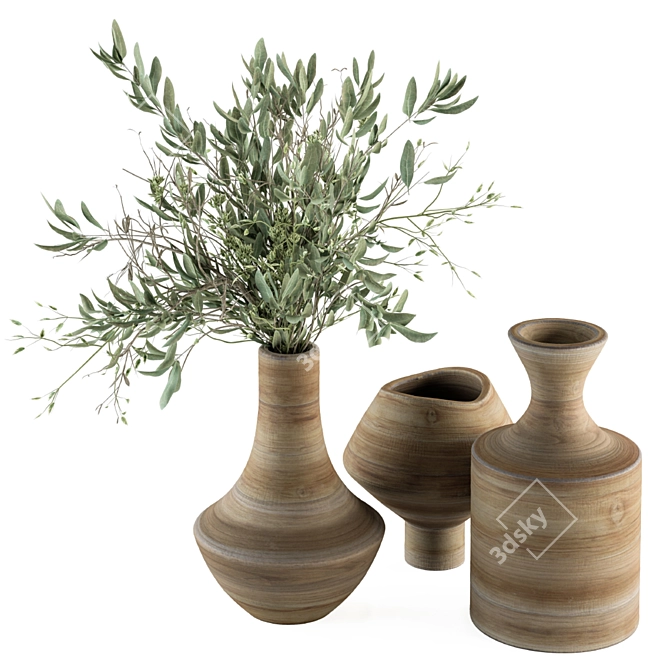 Rustic Wood Vase with Green Branch 3D model image 1