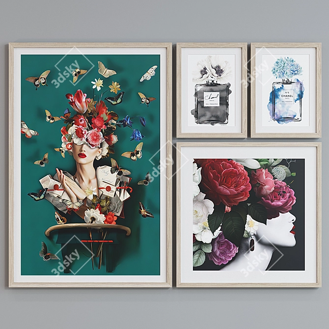 Modern Picture Frame Set with Women Portraits & Perfume Bottles 3D model image 3