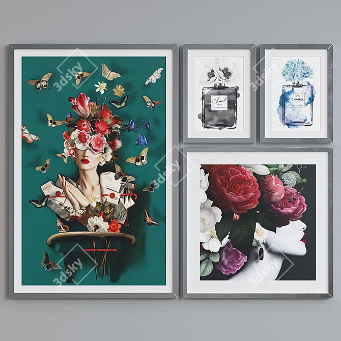 Modern Picture Frame Set with Women Portraits & Perfume Bottles 3D model image 4