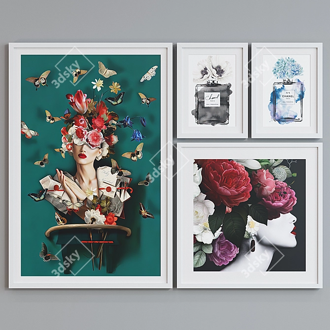 Modern Picture Frame Set with Women Portraits & Perfume Bottles 3D model image 5