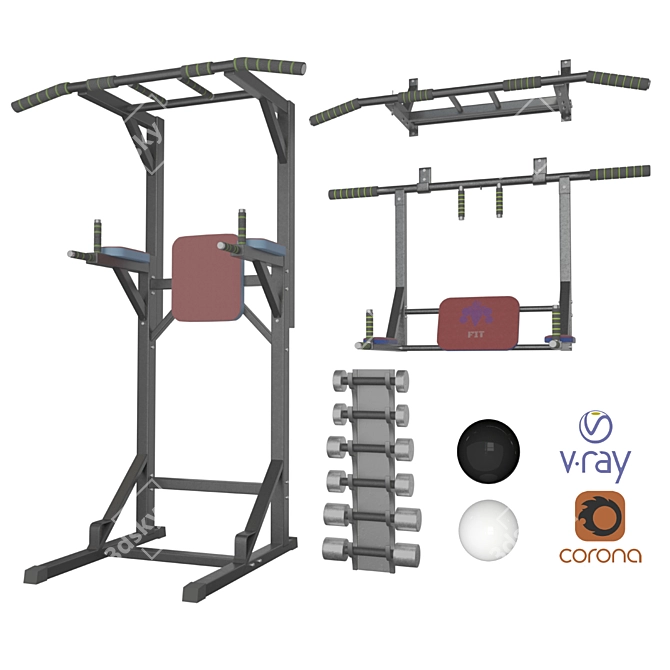 3-in-1 Wall Mounted Bar & Dumbbells 3D model image 1