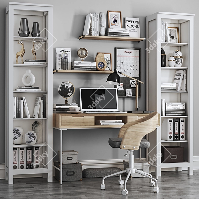 Modern Workplace Set in White: Chair, Shelving, Laptop, Lamp & Desk 3D model image 1