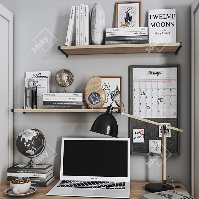 Modern Workplace Set in White: Chair, Shelving, Laptop, Lamp & Desk 3D model image 3