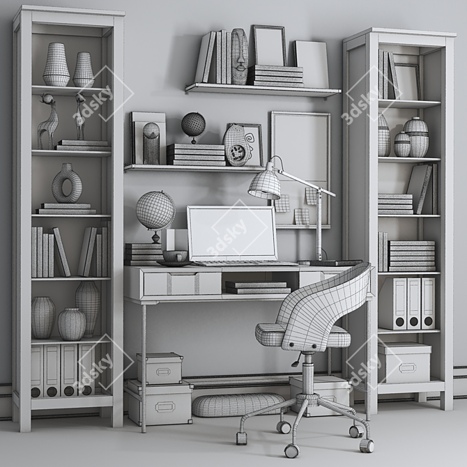 Modern Workplace Set in White: Chair, Shelving, Laptop, Lamp & Desk 3D model image 4