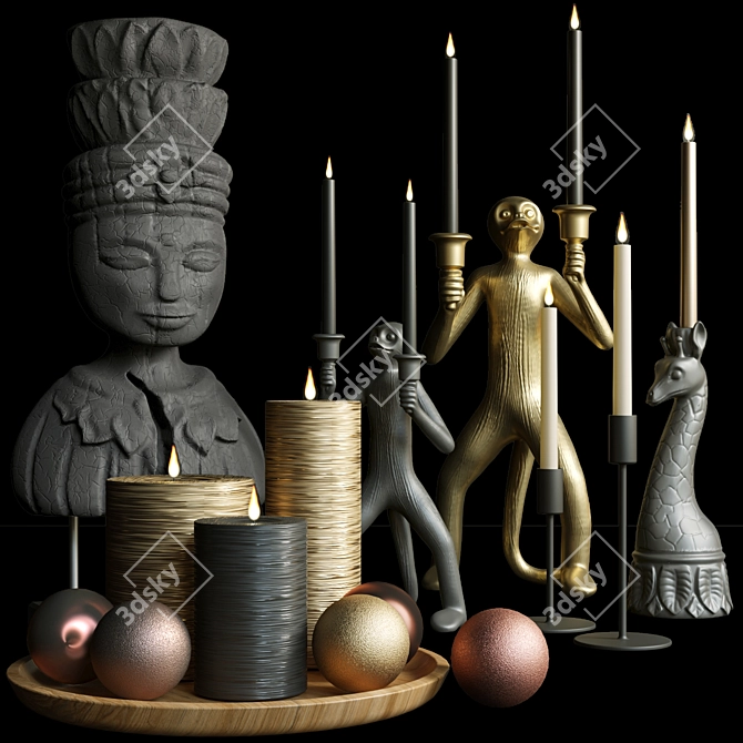 Gold Decor Set: Candle, Candlestick, Figurine 3D model image 1