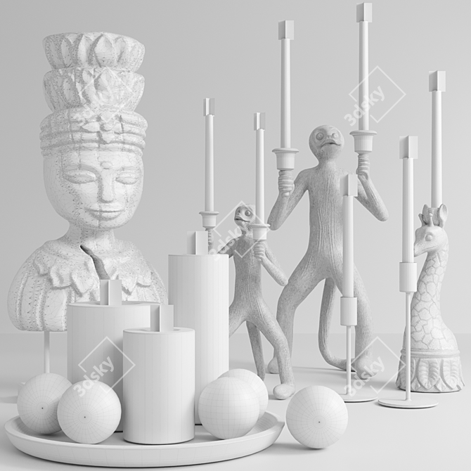 Gold Decor Set: Candle, Candlestick, Figurine 3D model image 2