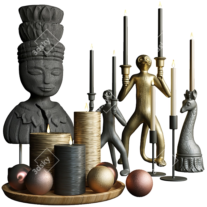 Gold Decor Set: Candle, Candlestick, Figurine 3D model image 3