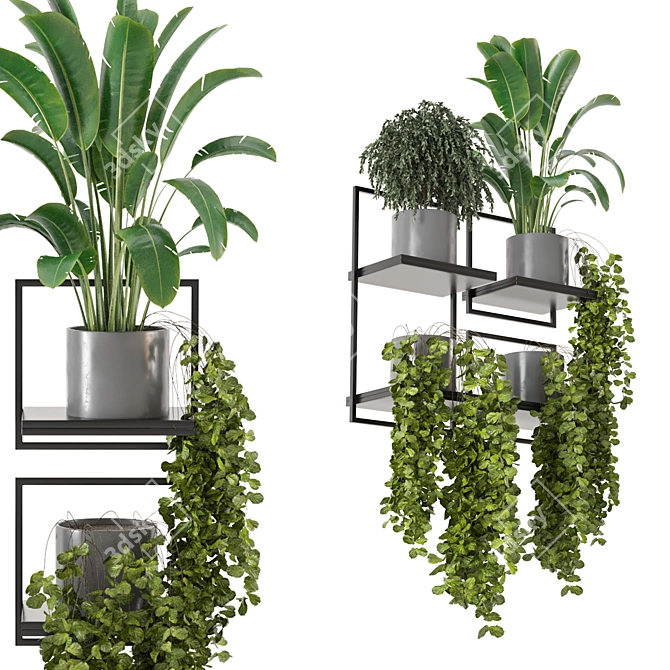 Concrete Pot Indoor Plants on Metal Shelf - Set 208 3D model image 1