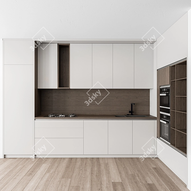 Modern White & Wood Kitchen Cabinets 3D model image 1