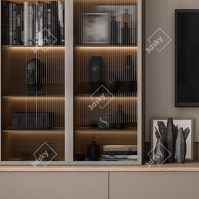 Sleek Wood and Black TV Wall 3D model image 2