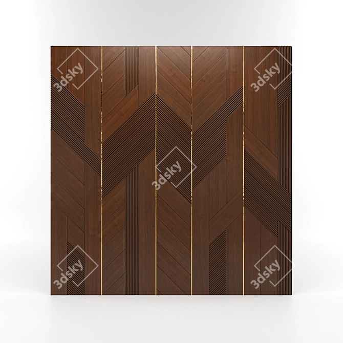 Geometric Oak Wall Panel with Brass Inserts 3D model image 1