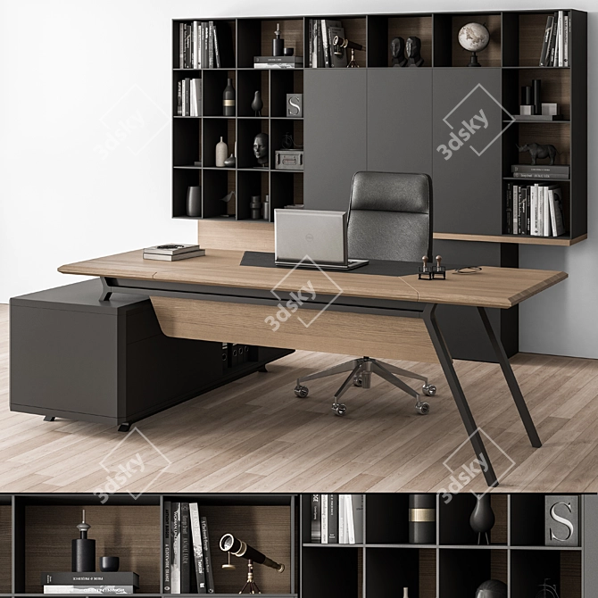 Wood and Black Manager Desk 3D model image 2