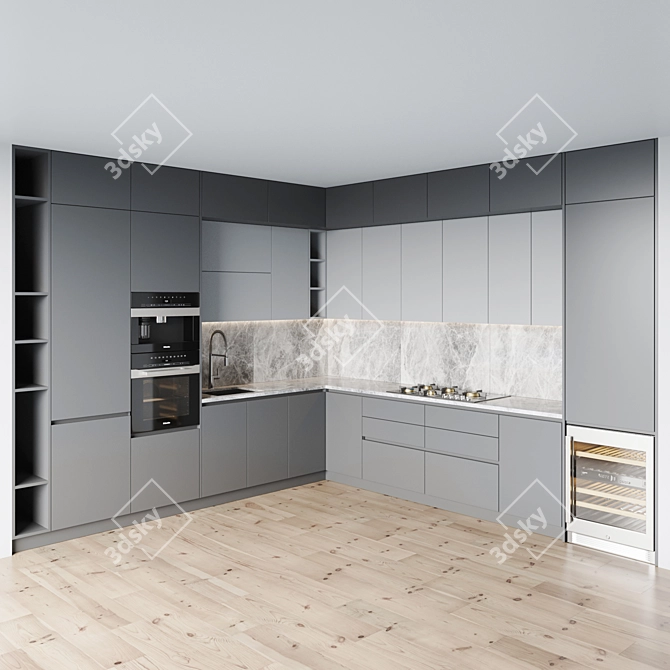 Deluxe Kitchen: Gas Hob, Oven, Coffee Machine, Wine Fridge 3D model image 1