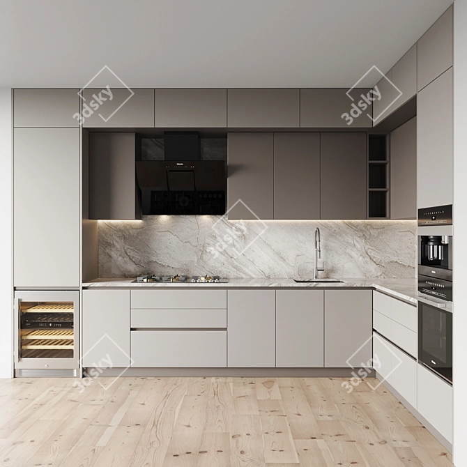Premium Kitchen Set with Gas Hob, Oven, Coffee Machine, Wine Fridge & Sink 3D model image 1