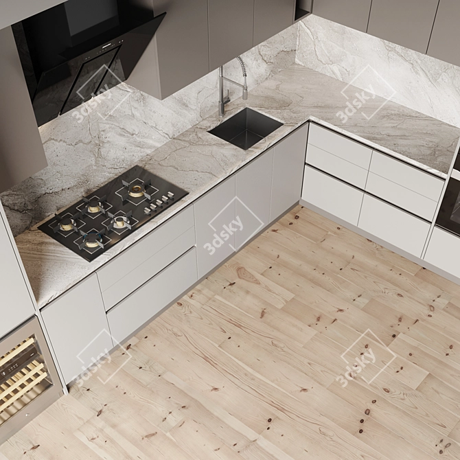 Premium Kitchen Set with Gas Hob, Oven, Coffee Machine, Wine Fridge & Sink 3D model image 4