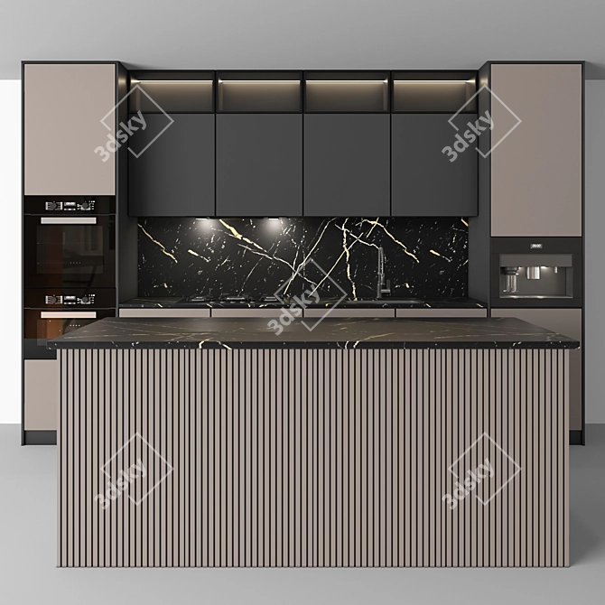 Modern Black & Beige Kitchen Set 3D model image 2