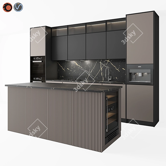 Modern Black & Beige Kitchen Set 3D model image 5