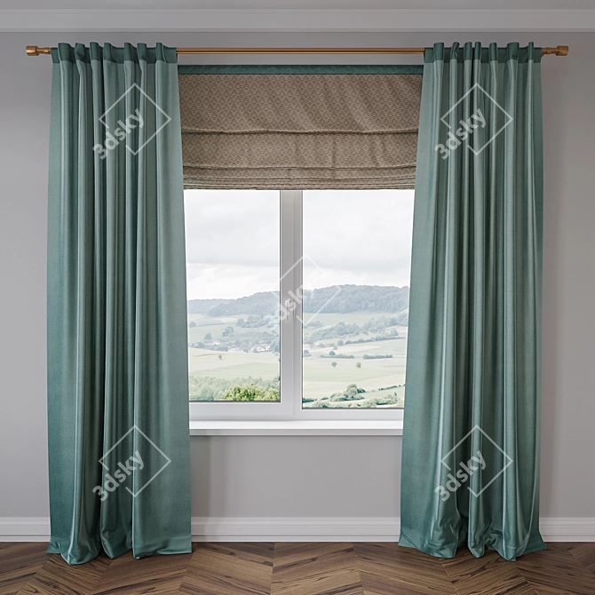 Satin Gradient Curtains with Roman Blinds 3D model image 6