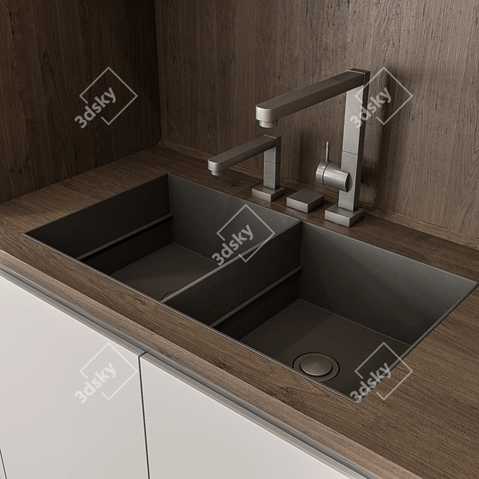Modern White and Wood Kitchen Cabinets 3D model image 2