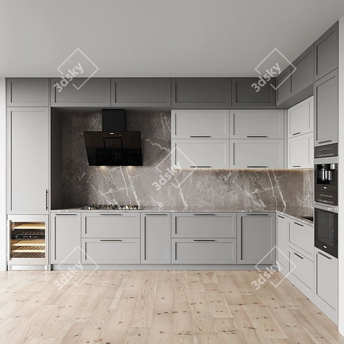 Modern Kitchen Set: Gas Hob, Oven, Coffee Machine, Wine Fridge, Sink, and Miele Hood 3D model image 1