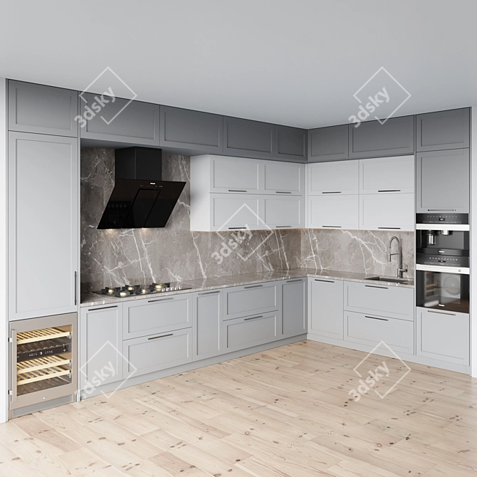 Modern Kitchen Set: Gas Hob, Oven, Coffee Machine, Wine Fridge, Sink, and Miele Hood 3D model image 2