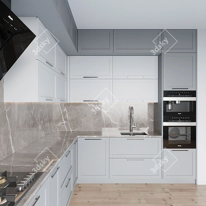 Modern Kitchen Set: Gas Hob, Oven, Coffee Machine, Wine Fridge, Sink, and Miele Hood 3D model image 3