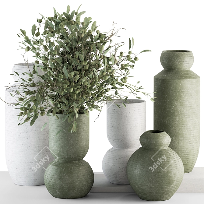 Green and Gray Vase and Plant Set 3D model image 1