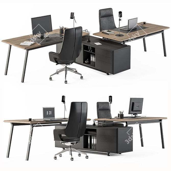 Modern Wood and Black Office Set 3D model image 1