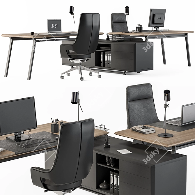 Modern Wood and Black Office Set 3D model image 2