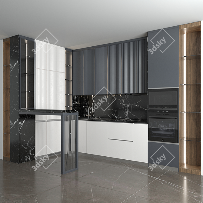 Corner Kitchen with Bar Counter and Built-in Appliances 3D model image 1