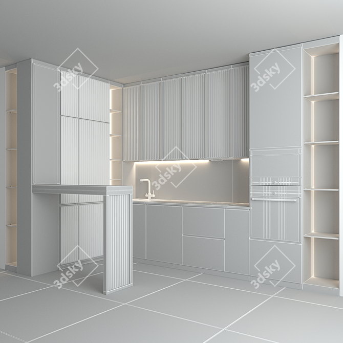 Corner Kitchen with Bar Counter and Built-in Appliances 3D model image 5