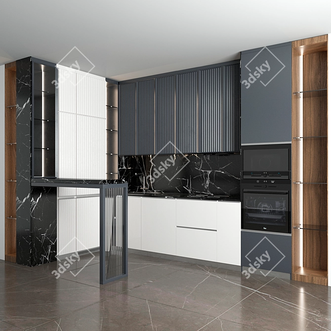 Corner Kitchen with Bar Counter and Built-in Appliances 3D model image 6