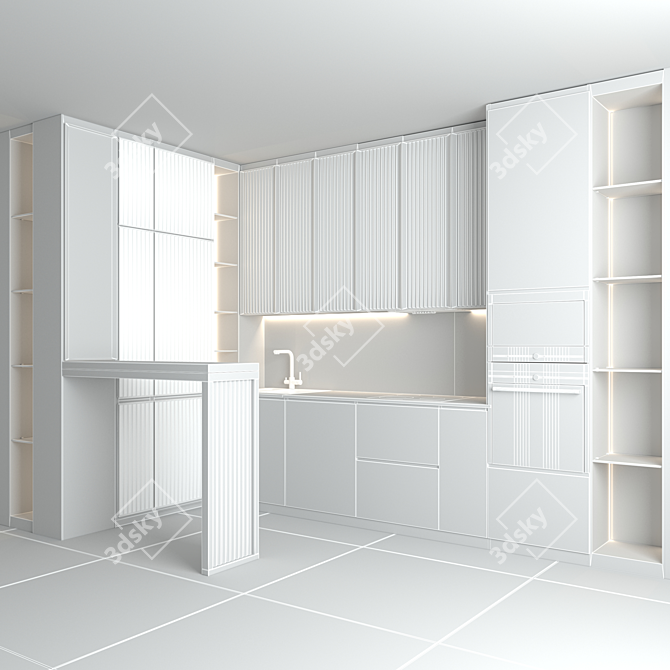 Corner Kitchen with Bar Counter and Built-in Appliances 3D model image 10