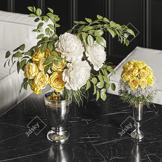 Yellow Rose & White Peony Floral Set 3D model image 3