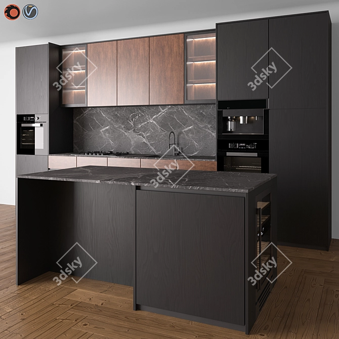 Modern Black & Wood Kitchen Set 3D model image 1