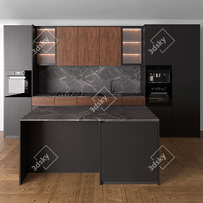 Modern Black & Wood Kitchen Set 3D model image 2