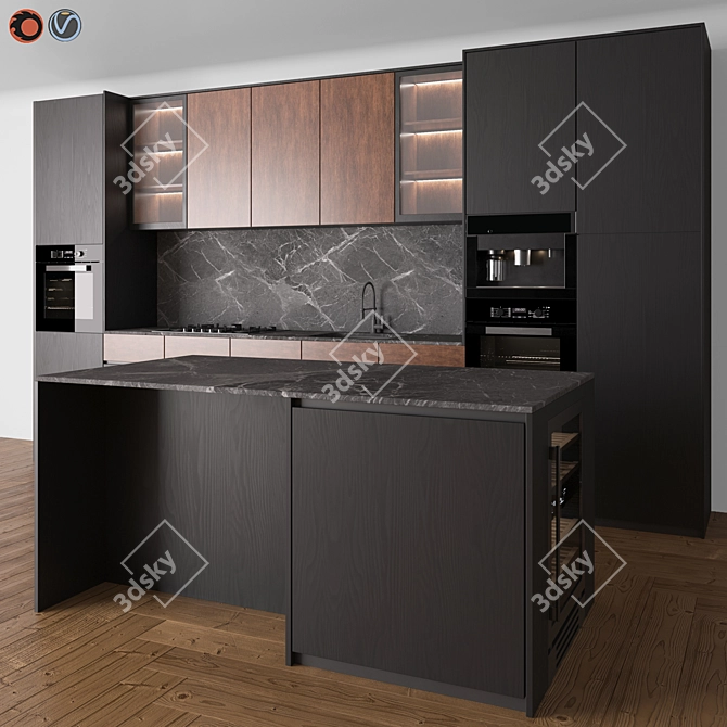 Modern Black & Wood Kitchen Set 3D model image 5