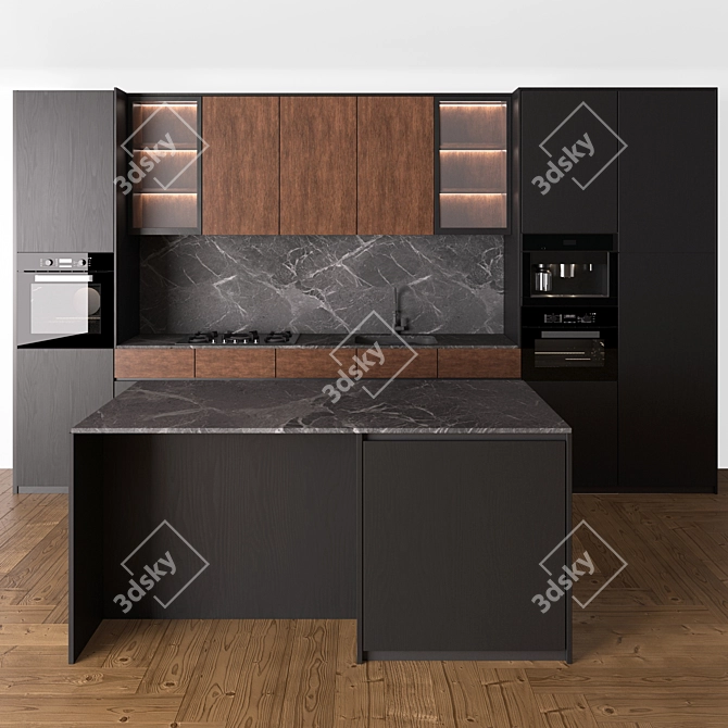 Modern Black & Wood Kitchen Set 3D model image 7