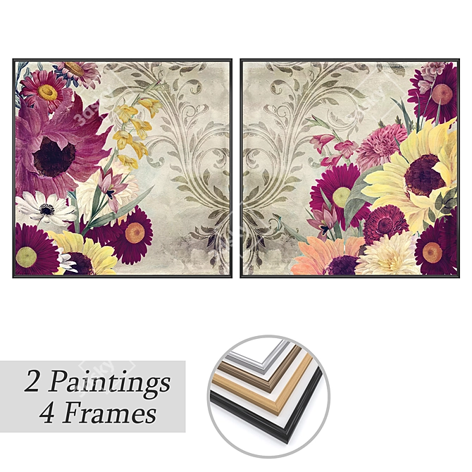 Elegant Art Set: 2 Paintings & 4 Frame Options 3D model image 1
