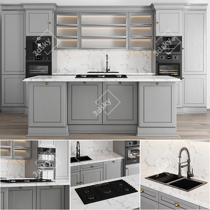 Classic Kitchen 002 - Bosch Hob, Oven, Coffee Machine, Sink 3D model image 1