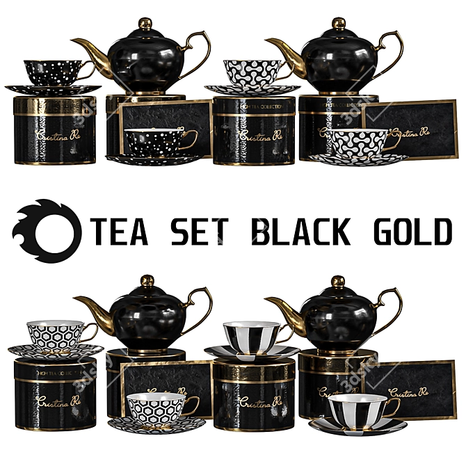 Elegant Black Gold Tea Set 3D model image 1