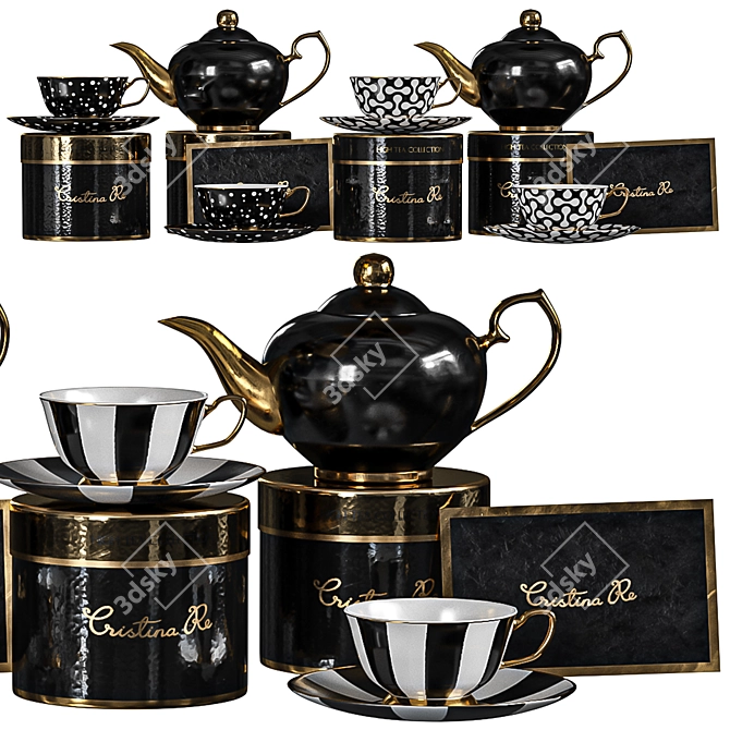 Elegant Black Gold Tea Set 3D model image 4