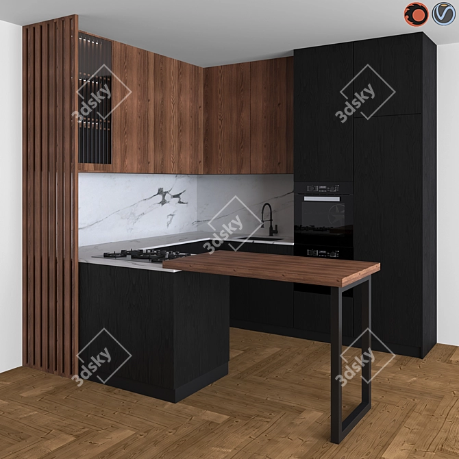 Sleek 14 Modern Black & Wood Kitchen 3D model image 1