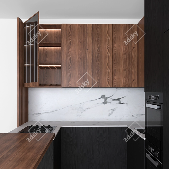 Sleek 14 Modern Black & Wood Kitchen 3D model image 2