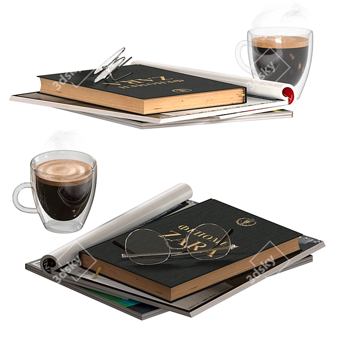 Coffee Lovers Bundle: Glasses, Book, Magazines 3D model image 1