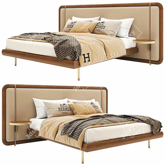 Modern Wooden Bed with Canaletta Walnut Frame and Upholstered Headboard 3D model image 1