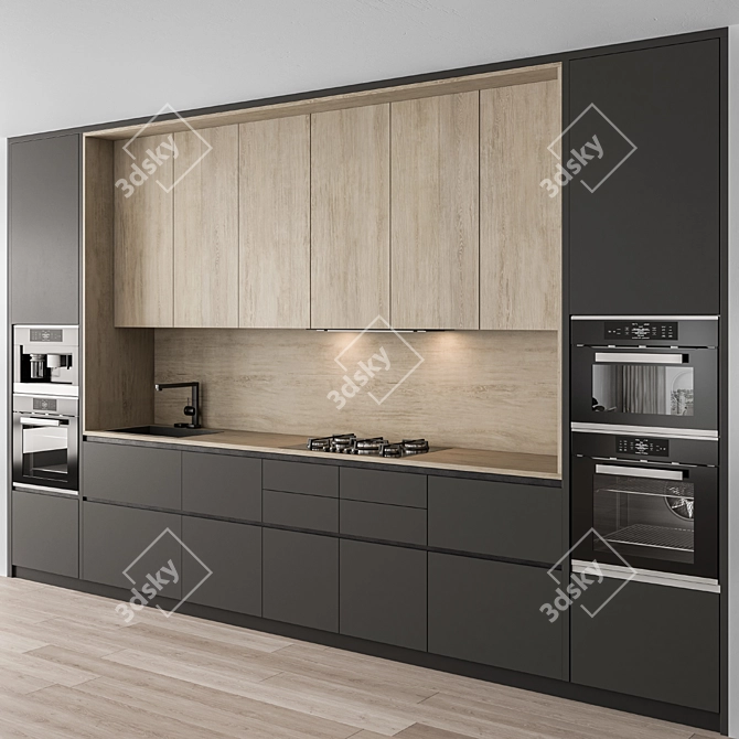 Sleek Black and Wood Kitchen 3D model image 1