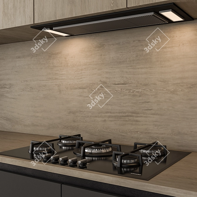 Sleek Black and Wood Kitchen 3D model image 2