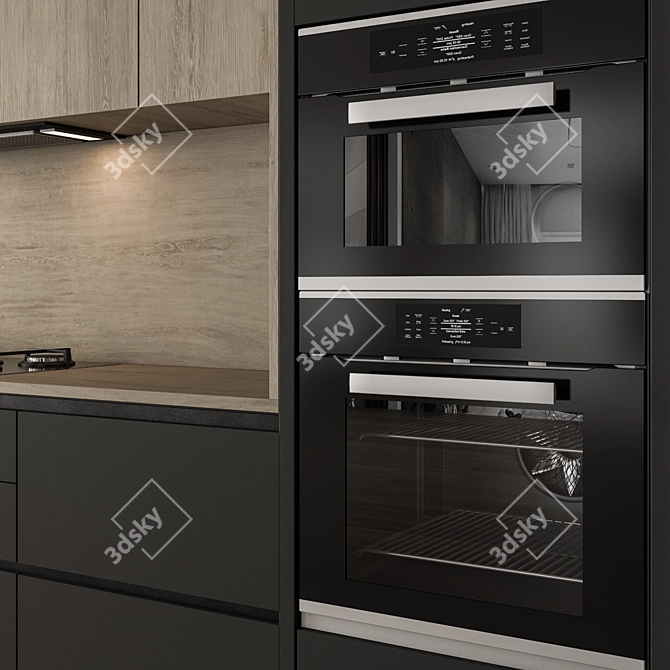 Sleek Black and Wood Kitchen 3D model image 4